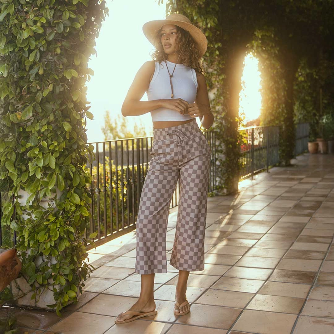 Audrey Wide Leg Pants, Brown Checkers