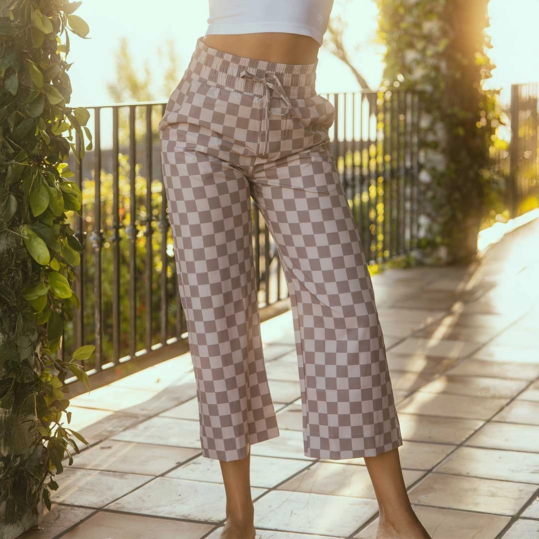 Audrey Wide Leg Pants, Brown Checkers
