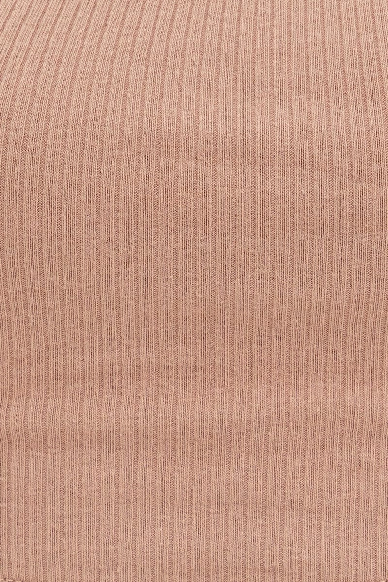 Brown Crop Top Sleeveless Halter Mock Neck Rib Jersey