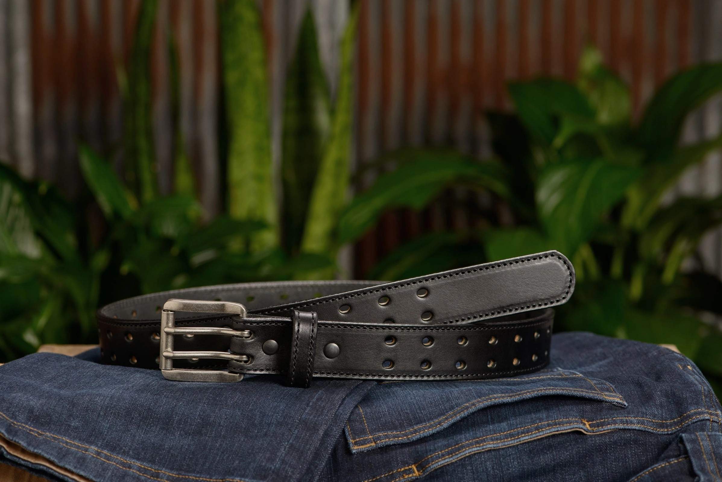 The Holey Bull: Men's Black Stitched Double Prong Leather Belt Max Thick 1.50"