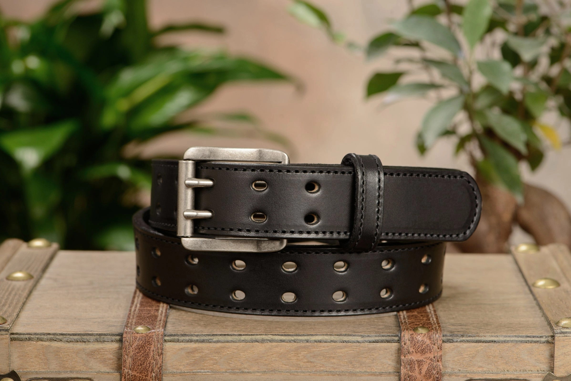 The Holey Bull: Men's Black Stitched Double Prong Leather Belt Max Thick 1.50"