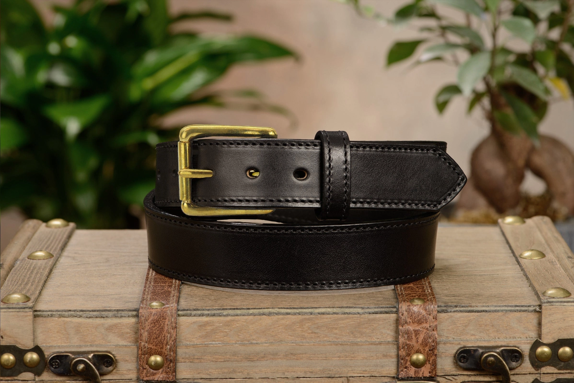 The Maverick: Men's Black Stitched Leather Belt With Brass 1.50"