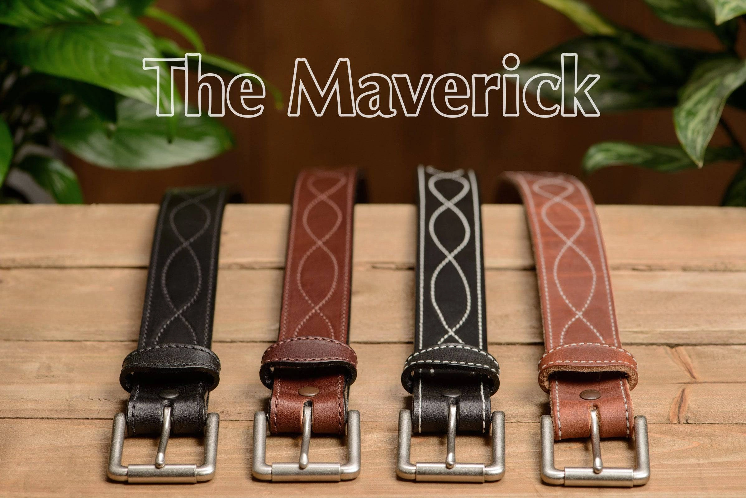 The Maverick: Men's Hot Dipped Tan Figure 8 Stitched Leather Belt With White Thread 1.50"