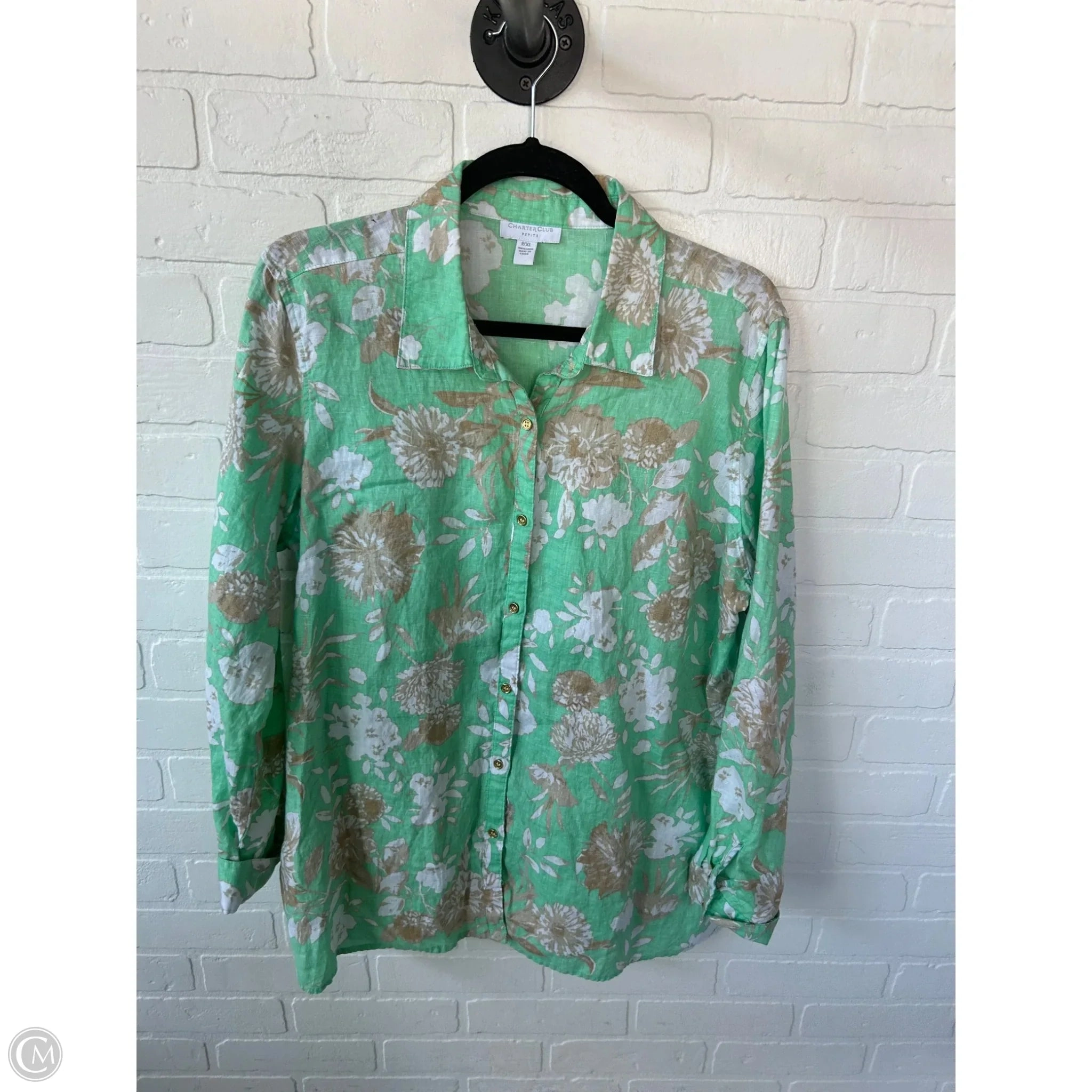 Top Long Sleeve By Charter Club In Green & White, Size: Xlp