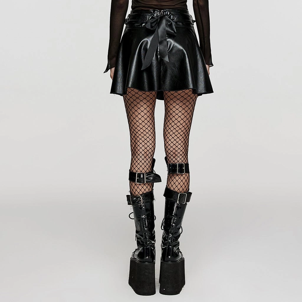 Women's Punk Studded Lace-up Faux Leather Skirt